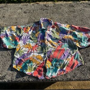Vtg KiKoMo Cropped Tropical Print Button Front & Back Collared Shirt Size L